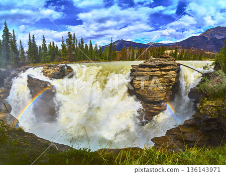 Panorama Athabasca Falls Waterfall Rainbow and Mountain Landscape in Jasper Canada 136143971