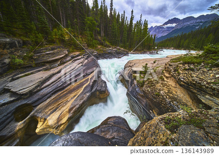 Mistaya Canyon Waterfall Rushing River and Pine Forest with Mountain Backdrop Mistaya Canyon Waterfall Rushing River and Pine Forest with Mountain Backdrop 136143989