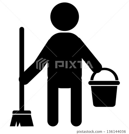 Janitor icon. Bucket and broom for cleaning and hygiene sign. Janitor symbol. flat style. Janitor icon. Bucket and broom for cleaning and hygiene sign. Janitor symbol. flat style. 136144036