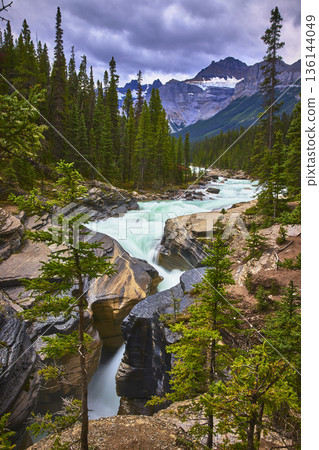 Mistaya Canyon Waterfall and River Flowing Through Forest with Mountain Peaks 136144049