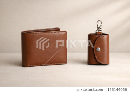 極簡棕色皮革皮夾和鑰匙包 極簡棕色皮革皮夾和鑰匙包 136144066
