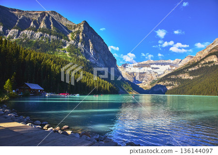 Lake Louise Canoes Turquoise Water Mountain Scenery Glacier Banff 136144097
