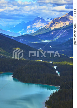 Peyto Lake Turquoise Water with Forested Mountains and Dramatic Peaks in Canada 136144110