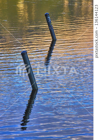 Reflections and Posts in Tranquil Blue and Gold Lake Water 136144123