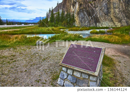 Cold sulphur Spring Plaque Blue Mineral Water and Rocky Cliffs in Jasper Canada 136144124