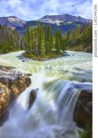 Sunwapta Falls Cascade Lush Forest and Majestic Mountain Landscape Canada Sunwapta Falls Cascade Lush Forest and Majestic Mountain Landscape Canada 136144166