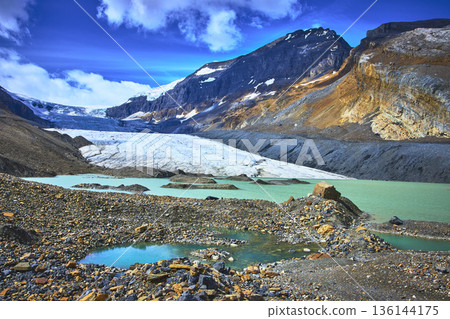 Athabasca Glacier Turquoise Meltwater Pools and Rocky Mountain Landscape 136144175