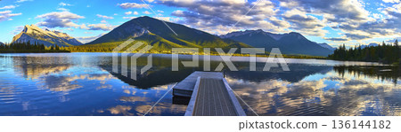 Panorama of Mountain Reflections Dock and Water at Vermillion Lakes Panorama of Mountain Reflections Dock and Water at Vermillion Lakes 136144182