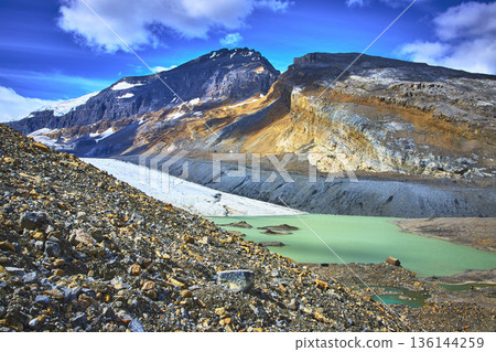 Athabasca Glacier Turquoise Lake and Rocky Mountain Landscape in Jasper Canada Athabasca Glacier Turquoise Lake and Rocky Mountain Landscape in Jasper Canada 136144259