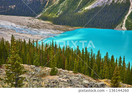 Turquoise Glacier Lake Evergreen Forest Rocky Shoreline in Canadian Mountain Wilderness Turquoise Glacier Lake Evergreen Forest Rocky Shoreline in Canadian Mountain Wilderness 136144260
