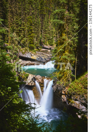 Waterfall and Turquoise Pool Surrounded by Evergreen Forest in Sunlit Mountain Canyon Waterfall and Turquoise Pool Surrounded by Evergreen Forest in Sunlit Mountain Canyon 136144275