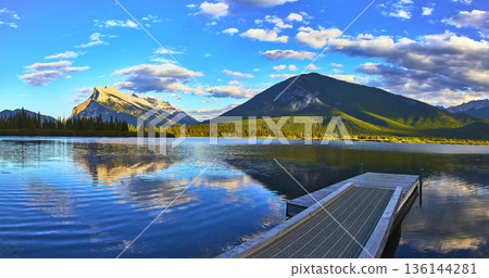 Panorama of Mountain Reflections Dock and Water at Vermillion Lakes in Banff Panorama of Mountain Reflections Dock and Water at Vermillion Lakes in Banff 136144281