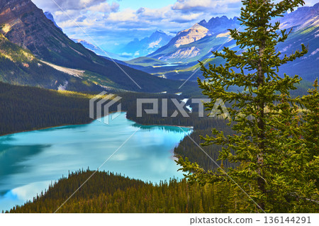 Peyto Lake Turquoise Water and Evergreen Tree with Rugged Mountain Landscape Peyto Lake Turquoise Water and Evergreen Tree with Rugged Mountain Landscape 136144291