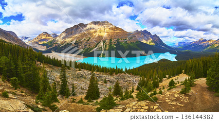 Panorama of Vibrant Peyto Lake with Majestic Mountains and Lush Forest in Banff Panorama of Vibrant Peyto Lake with Majestic Mountains and Lush Forest in Banff 136144382