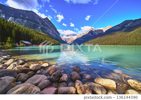Lake Louise Turquoise Water Rocky Shore Glacier Mountain Forest Banff Canada Lake Louise Turquoise Water Rocky Shore Glacier Mountain Forest Banff Canada 136144390