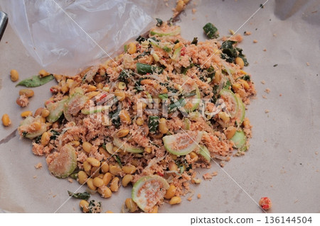Rujak Indonesia: Traditional fruit and vegetable salad with spices and palm sugar, a vibrant display of local culinary heritage Rujak Indonesia: Traditional fruit and vegetable salad with spices and palm sugar, a vibrant display of local culinary heritage 136144504