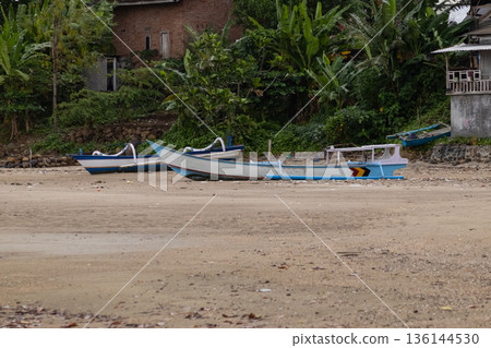 Traditional fishing boats resting on sand beach shoreline with tropical jungle background and village houses. 136144530