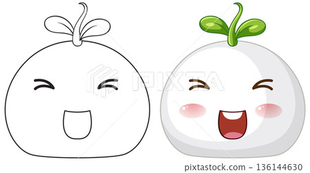 Happy White Bun Character with Green Sprout in Color and Outline Happy White Bun Character with Green Sprout in Color and Outline 136144630