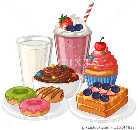 Assorted Sweet Desserts and Drinks Vector Illustration on White Background 136144632