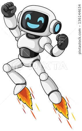 Happy Cartoon Robot Flying with Jetpack Flames 136144634