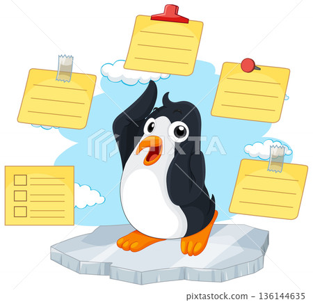Confused Cartoon Penguin Standing on Ice Surrounded by Yellow Sticky Notes 136144635