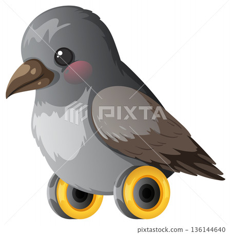 Cartoon Gray Bird With Wheels Instead of Feet 136144640