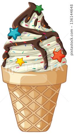 Vanilla Soft Serve Ice Cream Cone with Chocolate Sauce and Star Sprinkles 136144648
