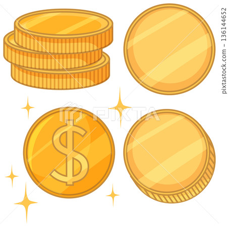 Set of Shiny Gold Coins and Dollar Currency Vector Illustration 136144652
