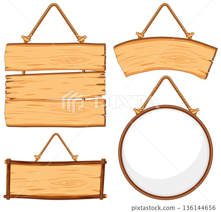 Set of Hanging Wooden Signs in Vector Illustration 136144656