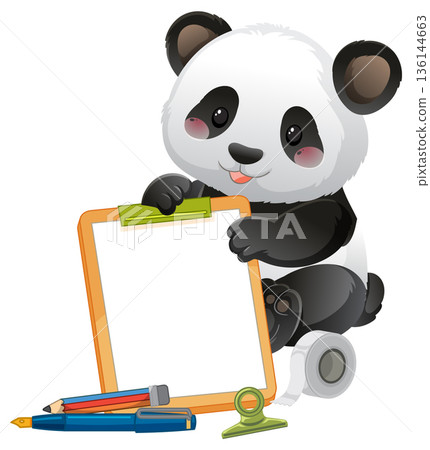 Cute Cartoon Panda Holding a Blank Clipboard with School Supplies 136144663
