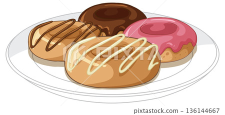 Assorted Glazed and Drizzled Donuts on a White Ceramic Plate Assorted Glazed and Drizzled Donuts on a White Ceramic Plate 136144667