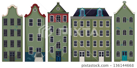 Row of Historic Green Townhouses with Ornate Facades 136144668