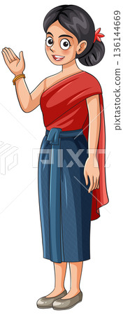 Traditional Woman in Red and Blue Attire Waving Hand Traditional Woman in Red and Blue Attire Waving Hand 136144669