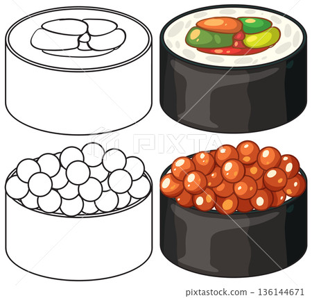 Sushi Roll and Salmon Roe Gunkan Maki Vector Illustration Set 136144671