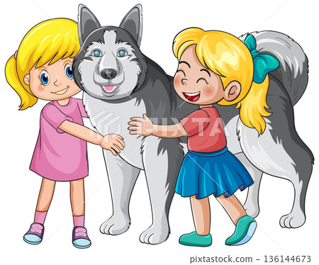Two Young Girls Smiling and Hugging a Large Siberian Husky Dog 136144673