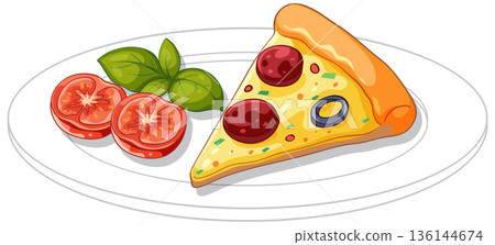 Vector Illustration of a Pepperoni Pizza Slice with Fresh Tomato and Basil 136144674