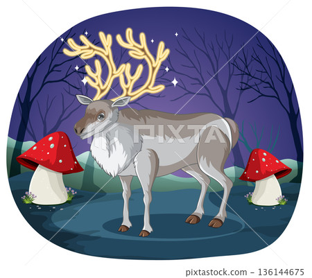 Magical Reindeer with Glowing Antlers Standing in a Night Forest 136144675