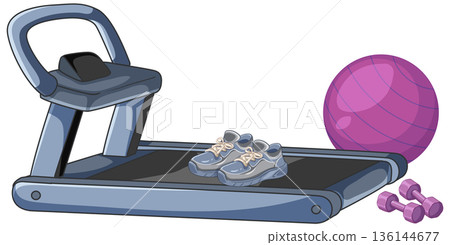 Vector Illustration of Treadmill with Running Shoes and Fitness Equipment Vector Illustration of Treadmill with Running Shoes and Fitness Equipment 136144677