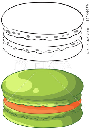 Green Macaron Vector Illustration with Black and White Line Art Version 136144679