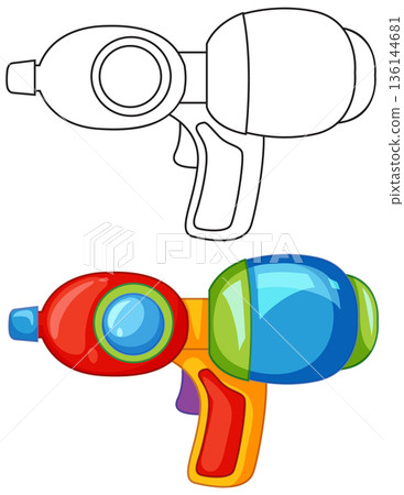 Colorful Toy Water Gun Vector Illustration with Black and White Outline 136144681
