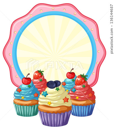 Colorful Cupcakes with Fruit Toppings and Circular Sunburst Frame Background Colorful Cupcakes with Fruit Toppings and Circular Sunburst Frame Background 136144687