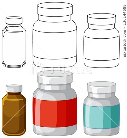 Set of Medicine and Supplement Bottles in Outline and Color Styles Set of Medicine and Supplement Bottles in Outline and Color Styles 136144689