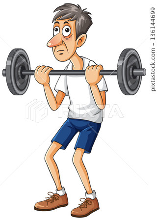 Nervous Thin Man Lifting Heavy Barbell Cartoon 136144699