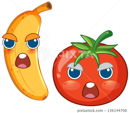 Cartoon Banana and Tomato Characters with Angry Facial Expressions 136144700