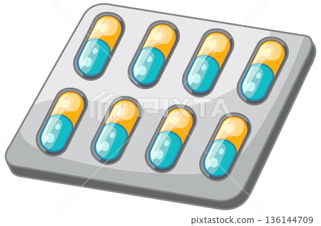 Vector Illustration of Blue and Yellow Medical Capsules in Blister Pack 136144709