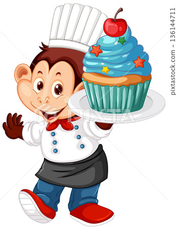 Cartoon Monkey Chef Holding a Large Cupcake on a Plate 136144711