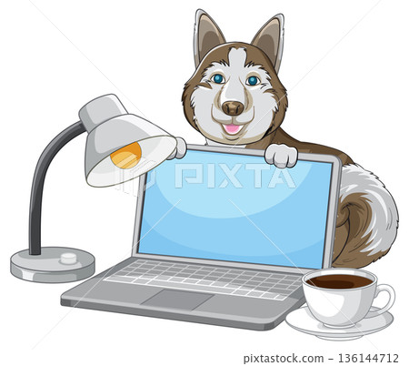 Cartoon Siberian Husky Sitting Behind Laptop with Desk Lamp and Coffee 136144712