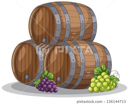 Three Wooden Wine Barrels Stacked with Red and Green Grapes Three Wooden Wine Barrels Stacked with Red and Green Grapes 136144713