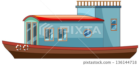 Modern Houseboat with Upper Deck and Large Windows 136144718