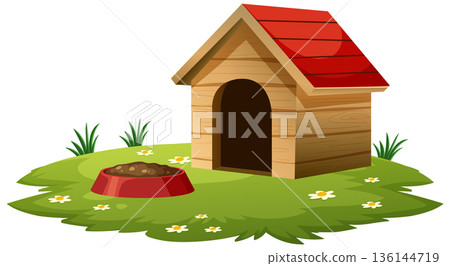 Wooden Doghouse with Food Bowl on Grassy Lawn 136144719